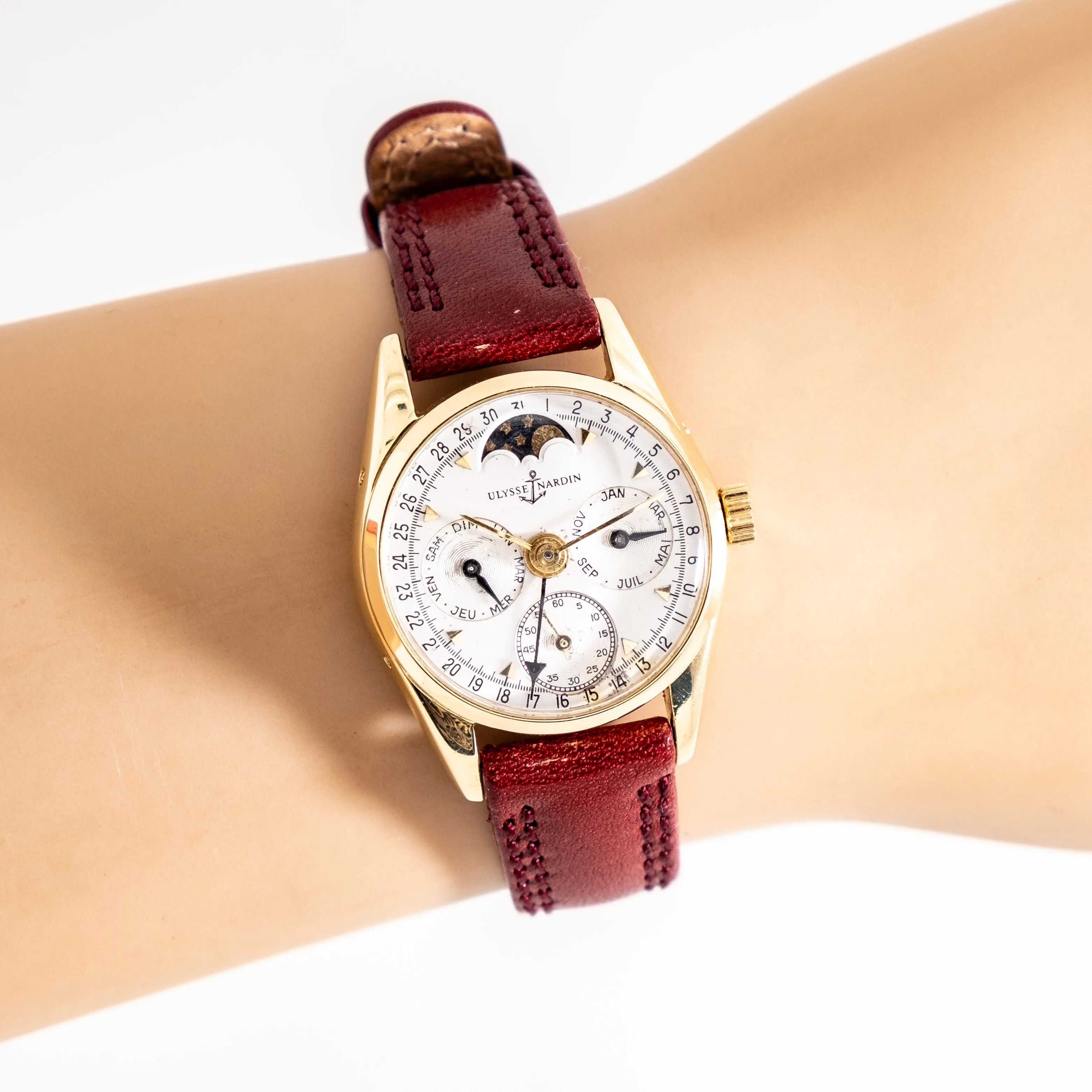 1980's Vintage Ulysse Nardin Triple Date Moonphase Ladies Sized Watch in 18k Yellow Gold (# 14770)