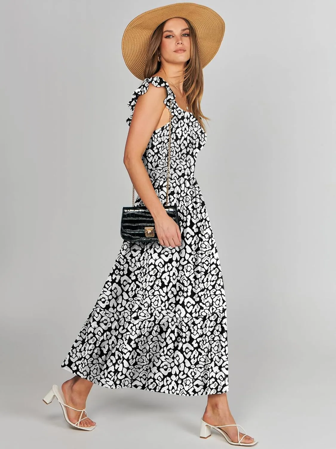 ANRABESS Womens Square Neck Maxi Dress Ruffle Sleeveless Smocked Casual Summer Beach Sundress with Pockets