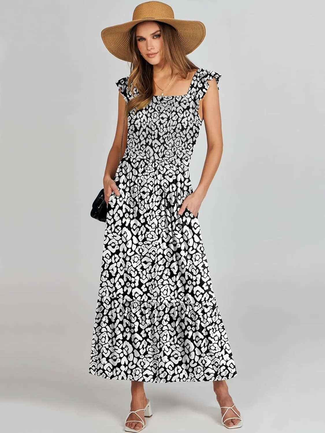 ANRABESS Womens Square Neck Maxi Dress Ruffle Sleeveless Smocked Casual Summer Beach Sundress with Pockets