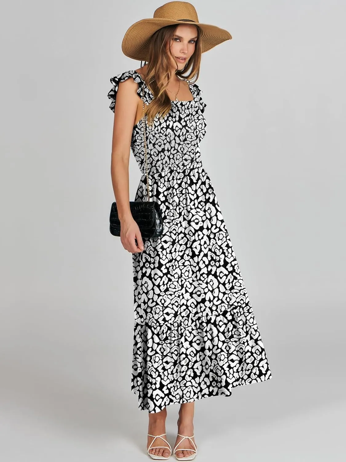 ANRABESS Womens Square Neck Maxi Dress Ruffle Sleeveless Smocked Casual Summer Beach Sundress with Pockets