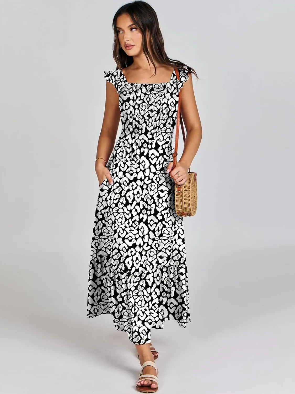 ANRABESS Womens Square Neck Maxi Dress Ruffle Sleeveless Smocked Casual Summer Beach Sundress with Pockets