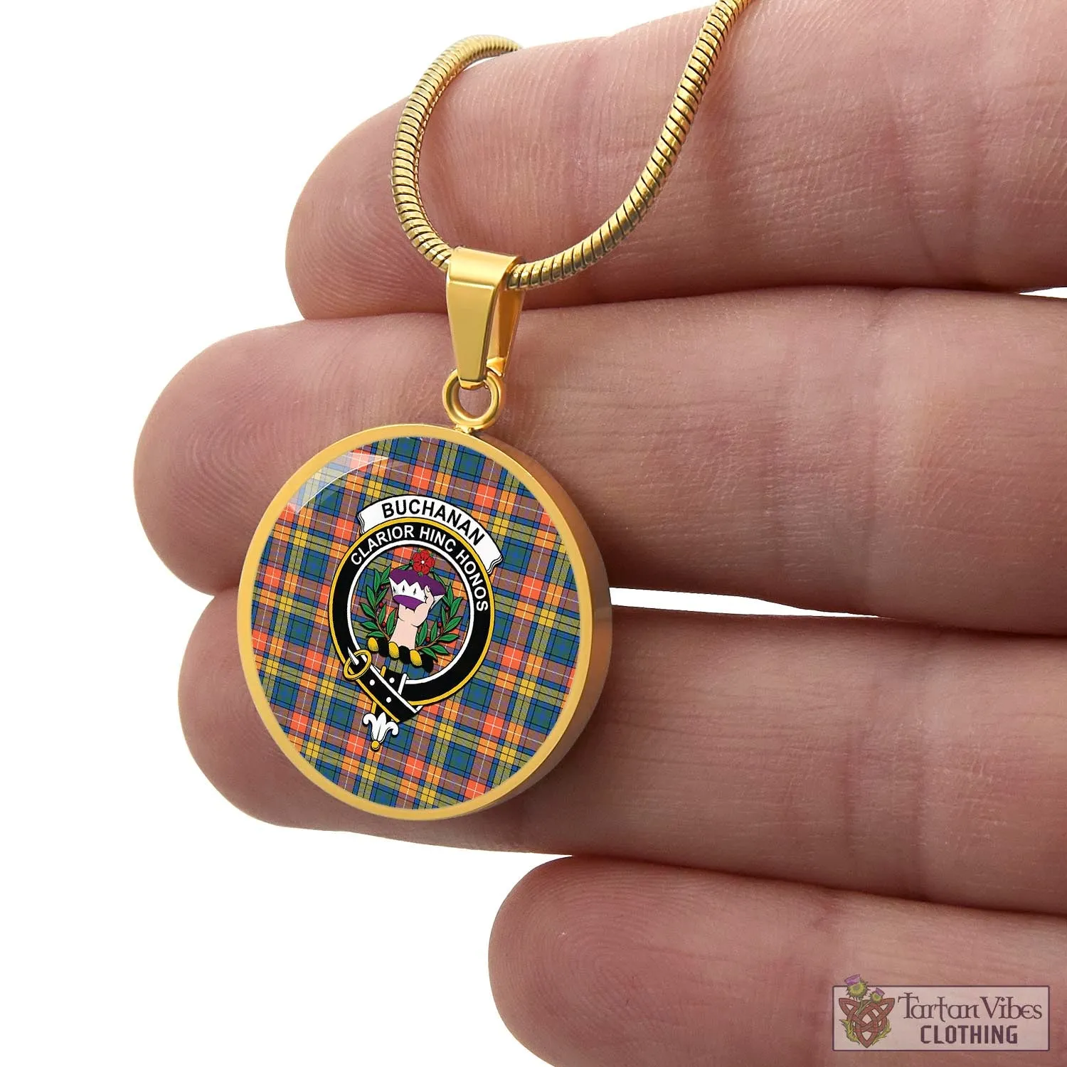 Buchanan Ancient Tartan Circle Necklace with Family Crest