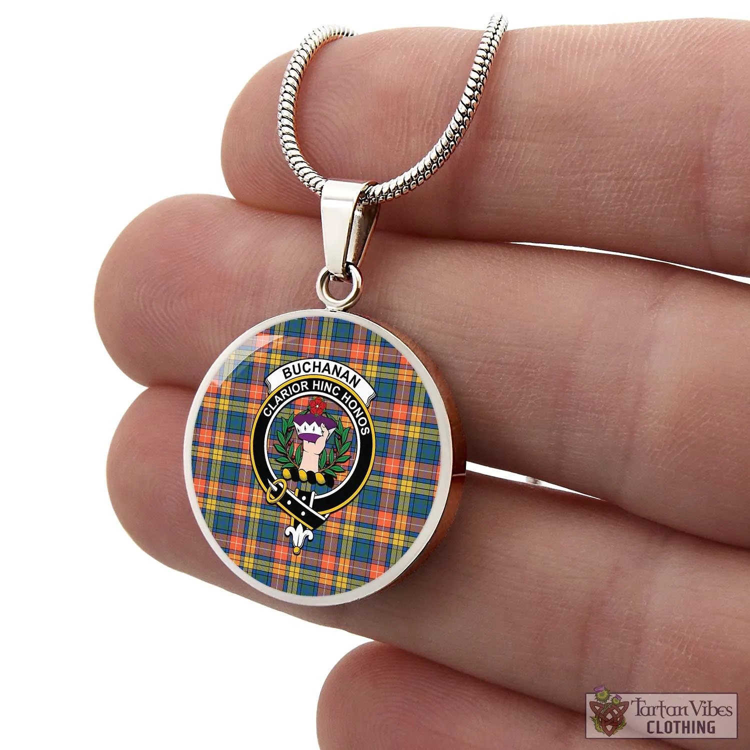 Buchanan Ancient Tartan Circle Necklace with Family Crest