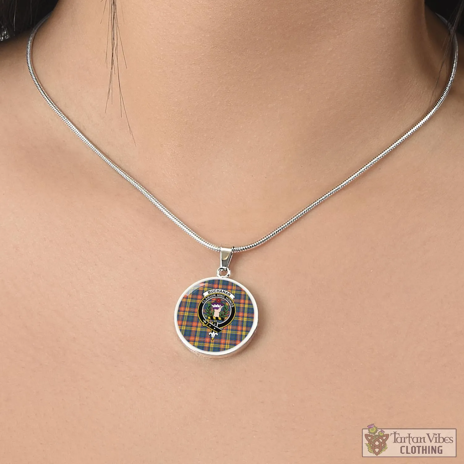 Buchanan Ancient Tartan Circle Necklace with Family Crest