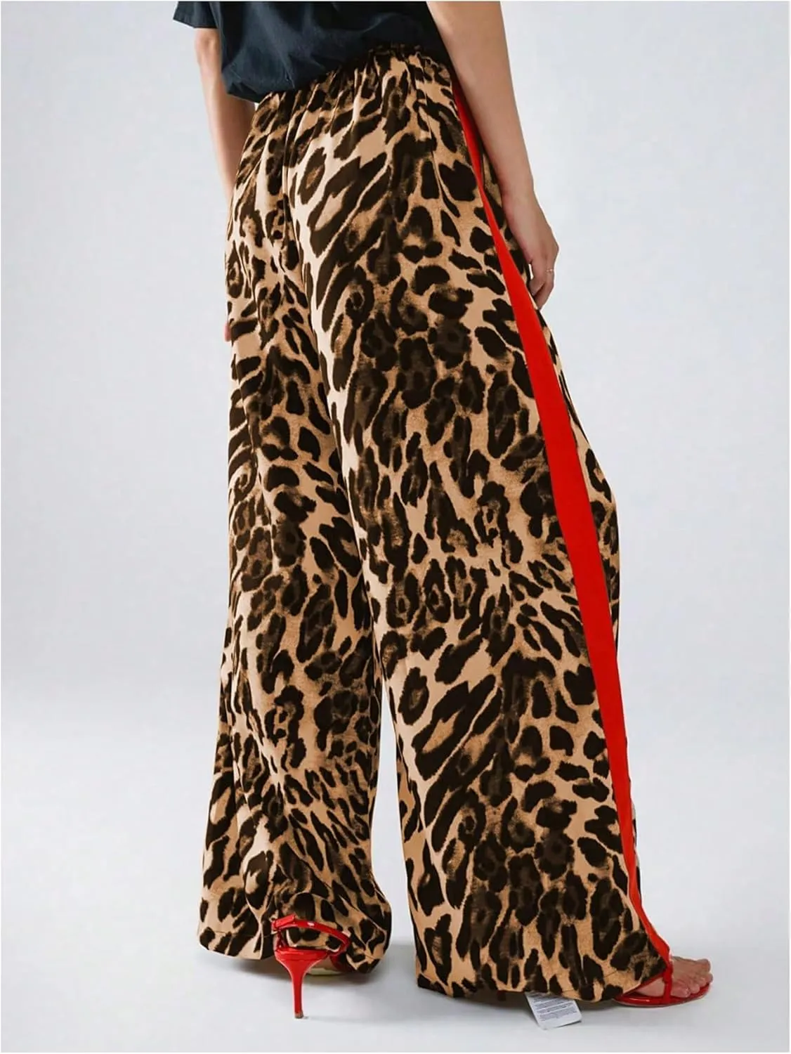 COZYEASE Women's Leopard Print Wide Leg Pants Cheetah Drawstring Waist Color Block Long Trousers