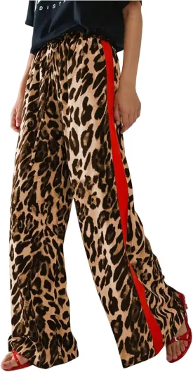 COZYEASE Women's Leopard Print Wide Leg Pants Cheetah Drawstring Waist Color Block Long Trousers