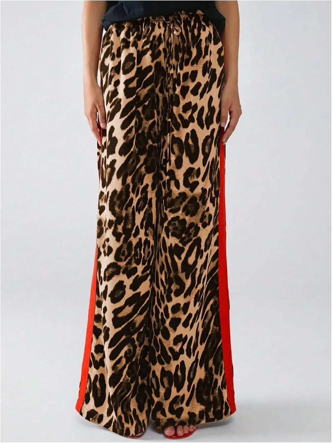 COZYEASE Women's Leopard Print Wide Leg Pants Cheetah Drawstring Waist Color Block Long Trousers