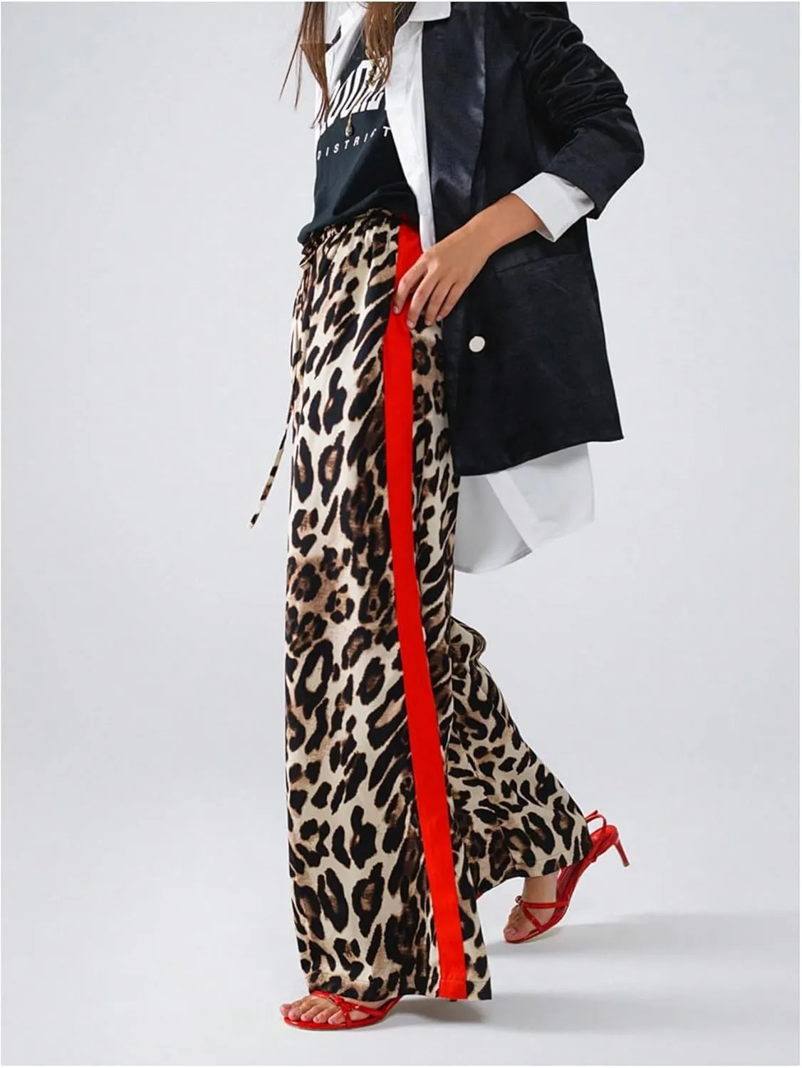 COZYEASE Women's Leopard Print Wide Leg Pants Cheetah Drawstring Waist Color Block Long Trousers