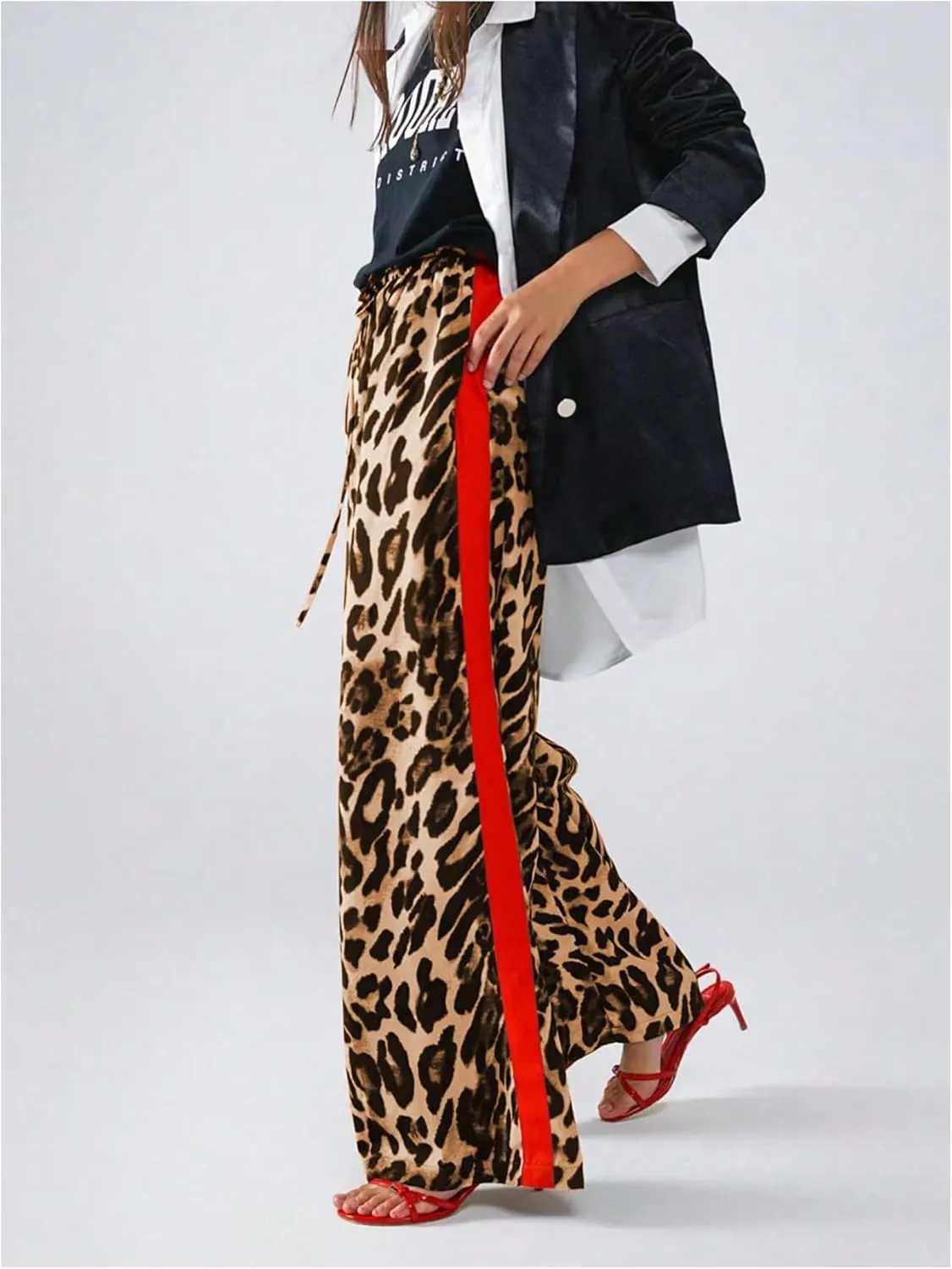 COZYEASE Women's Leopard Print Wide Leg Pants Cheetah Drawstring Waist Color Block Long Trousers