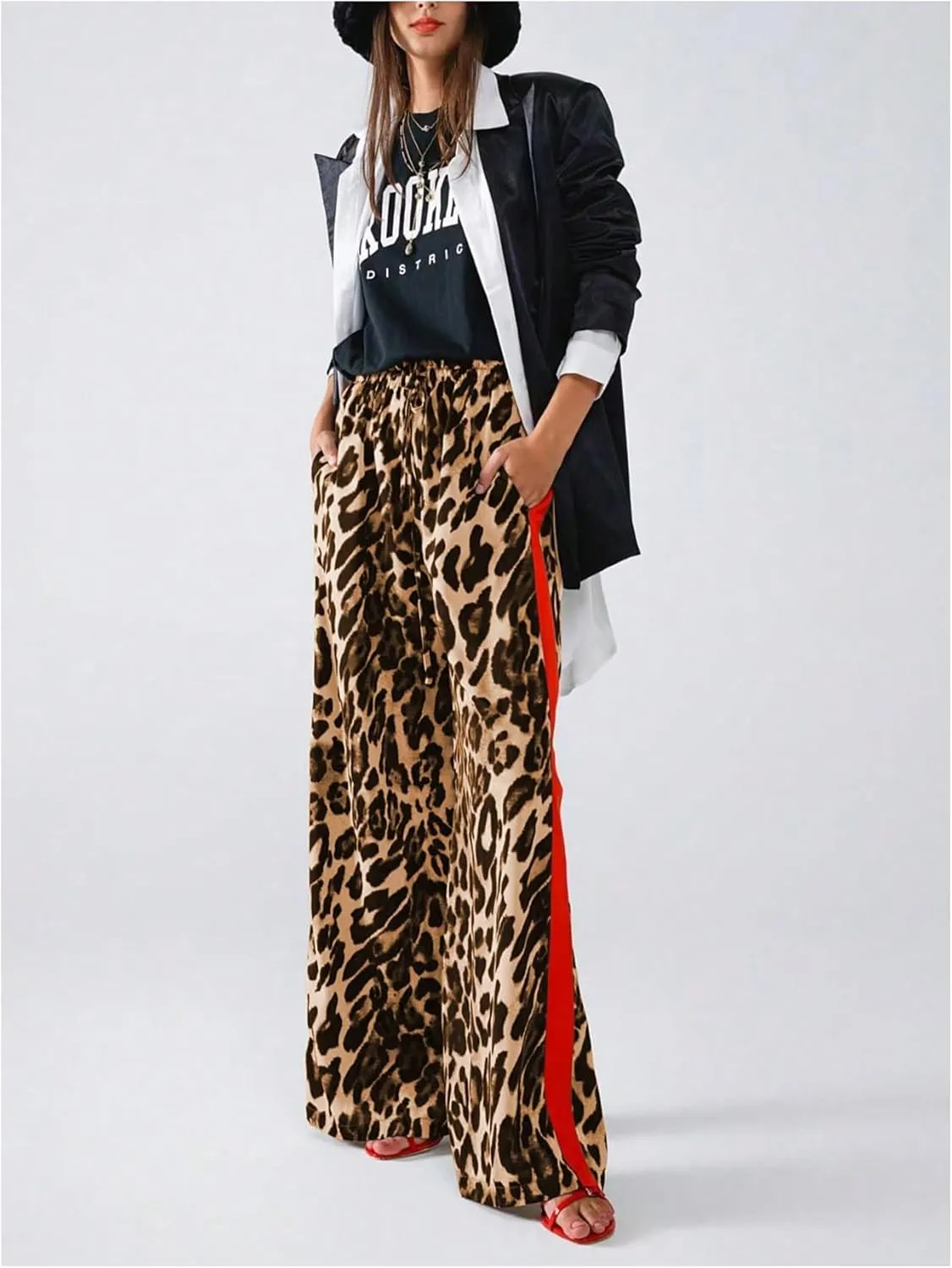 COZYEASE Women's Leopard Print Wide Leg Pants Cheetah Drawstring Waist Color Block Long Trousers