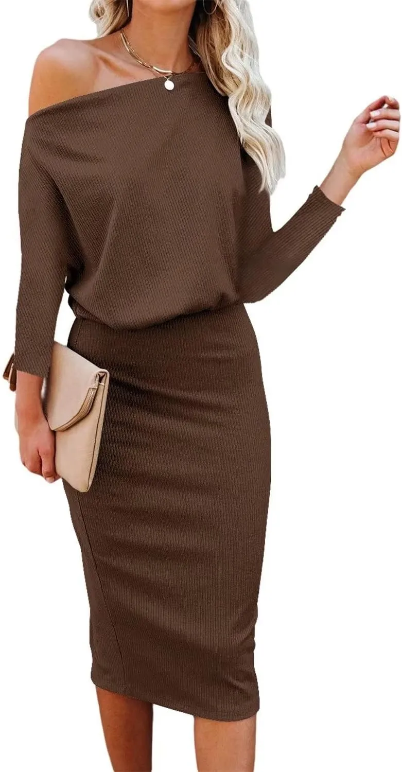 Ezbelle Women's Off The Shoulder 3/4 Sleeve Batwing HIPS-Wrap Pencil Party Sexy Bodycon Midi Dress Loose