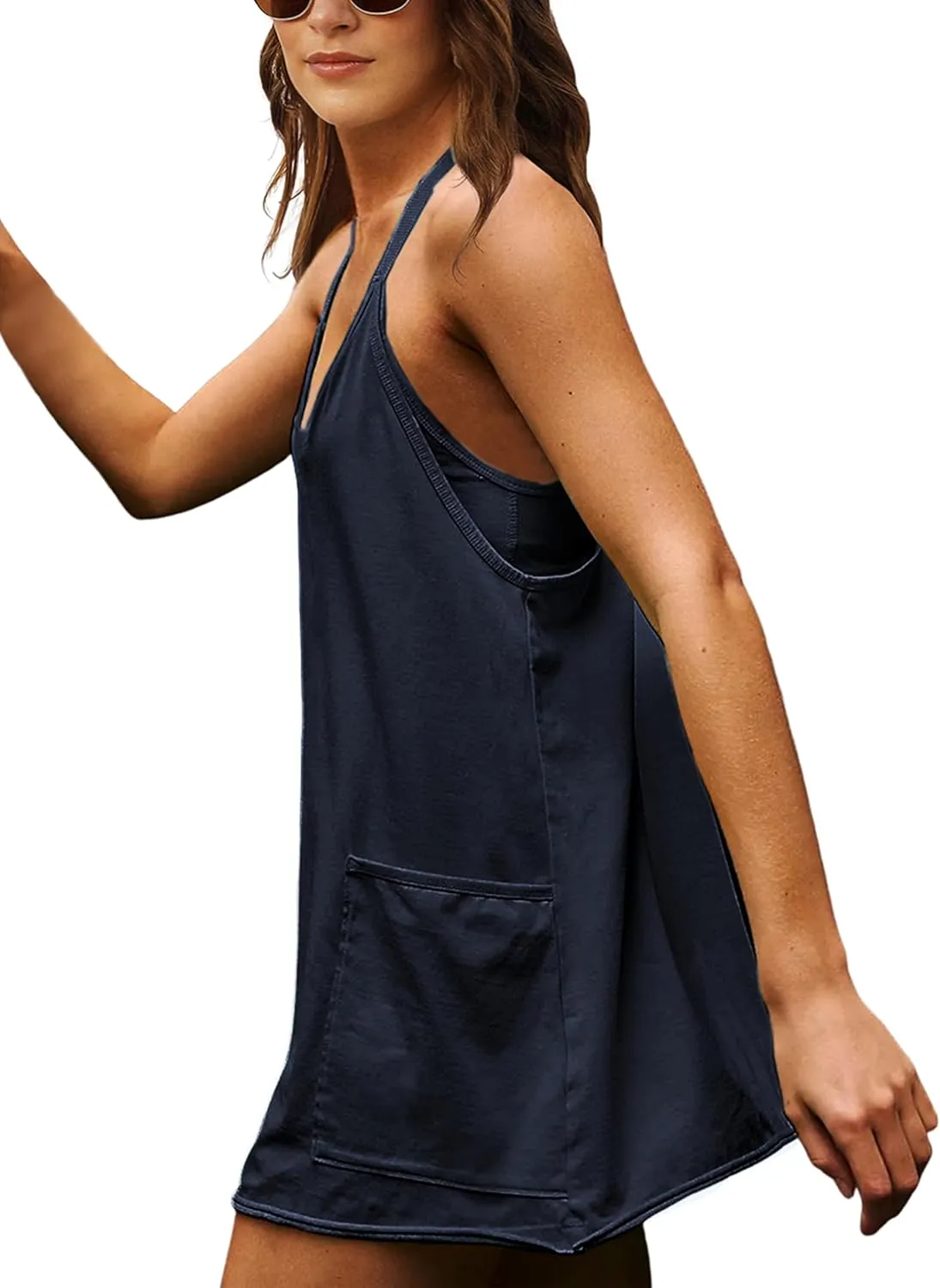 Faleave Women's Summer Sleeveless Mini Dress Athletic Spaghetti Strap Built-in Shorts Tennis Sundress with Pockets
