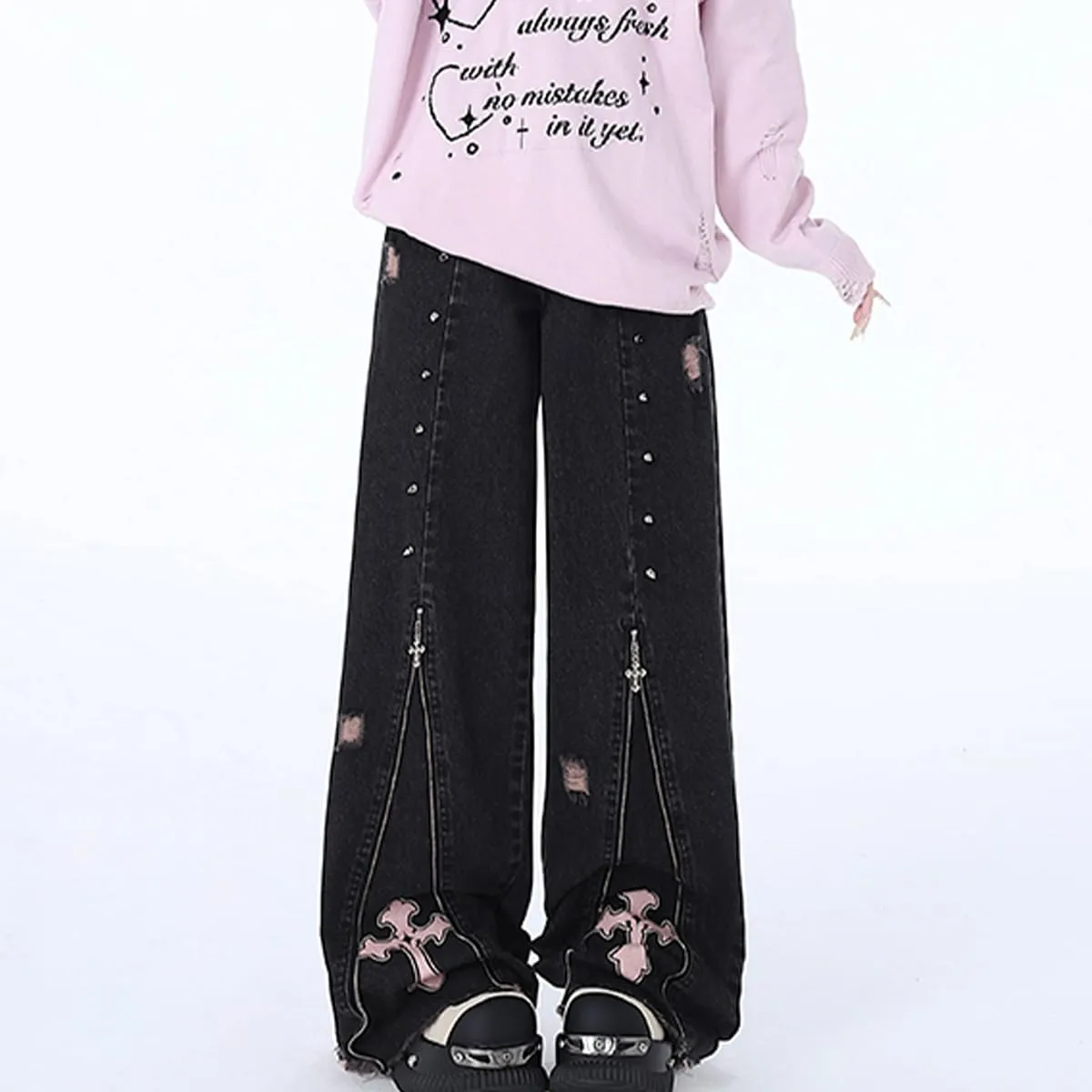 Harajuku Fashion High Waist Baggy Jeans Gothic Y2K Vintage Zipper Casual Straight Leg Wide Leg Denim Pants