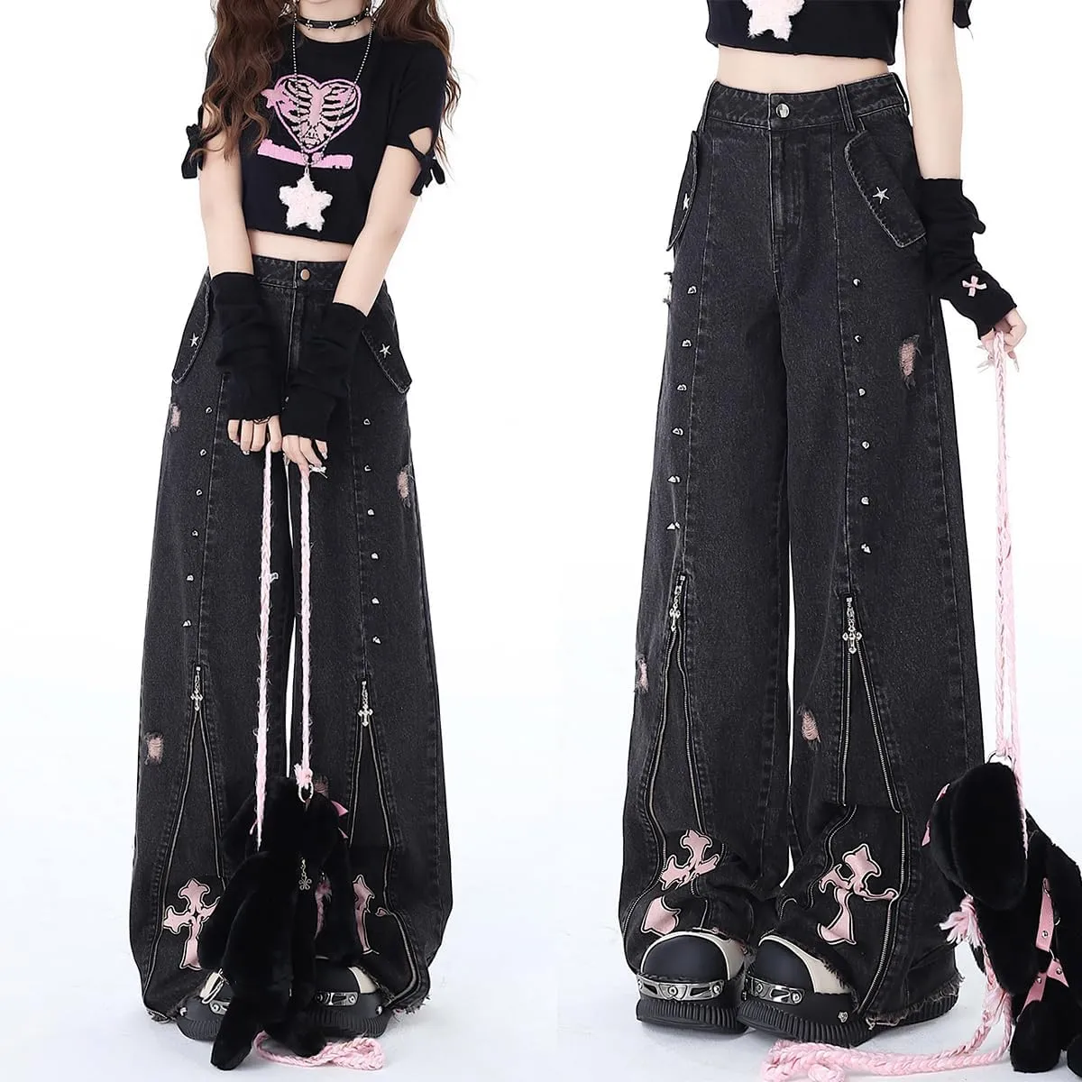 Harajuku Fashion High Waist Baggy Jeans Gothic Y2K Vintage Zipper Casual Straight Leg Wide Leg Denim Pants