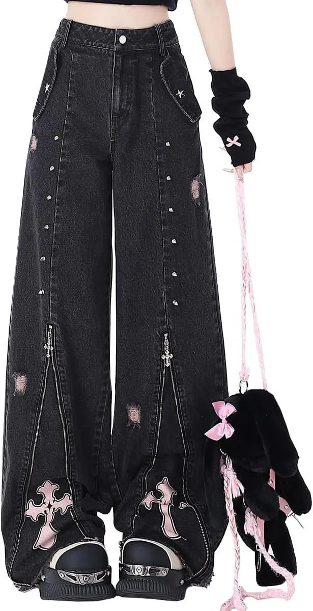 Harajuku Fashion High Waist Baggy Jeans Gothic Y2K Vintage Zipper Casual Straight Leg Wide Leg Denim Pants