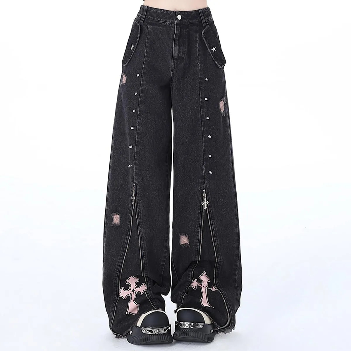 Harajuku Fashion High Waist Baggy Jeans Gothic Y2K Vintage Zipper Casual Straight Leg Wide Leg Denim Pants