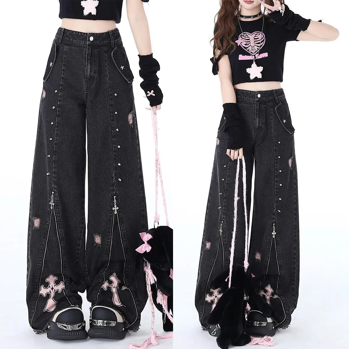 Harajuku Fashion High Waist Baggy Jeans Gothic Y2K Vintage Zipper Casual Straight Leg Wide Leg Denim Pants