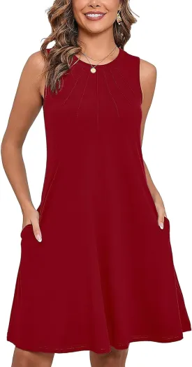 Heymoments Women's Summer Sleeveless Crew Neck Midi Dresses Casual Loose Fitted Tank Sundress with Pockets