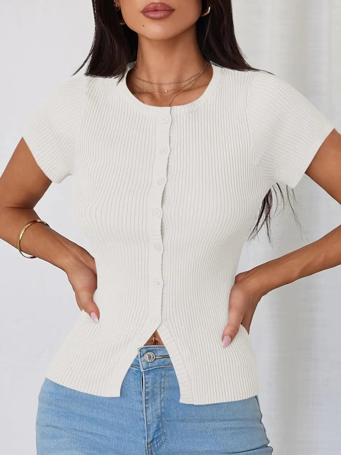 Imily Bela Womens Short Sleeve Sweater Tops Summer Button Down Casual Ribbed Knit Slim Fit Cropped Cardigan Shirts