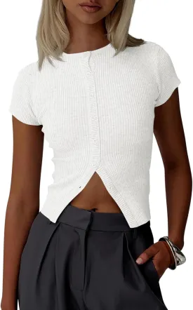 Imily Bela Womens Short Sleeve Sweater Tops Summer Button Down Casual Ribbed Knit Slim Fit Cropped Cardigan Shirts