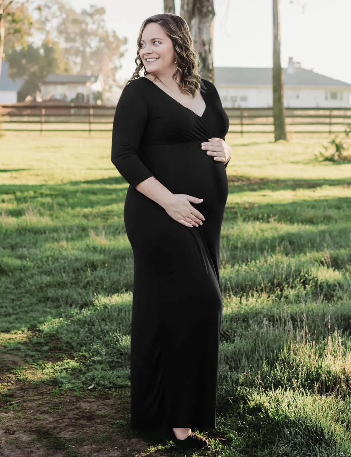 KIM S Maternity Maxi Dress with Flower Sash(S-3XL)/Wrapped Ruched V Neck Photoshoot Baby Shower Dresses