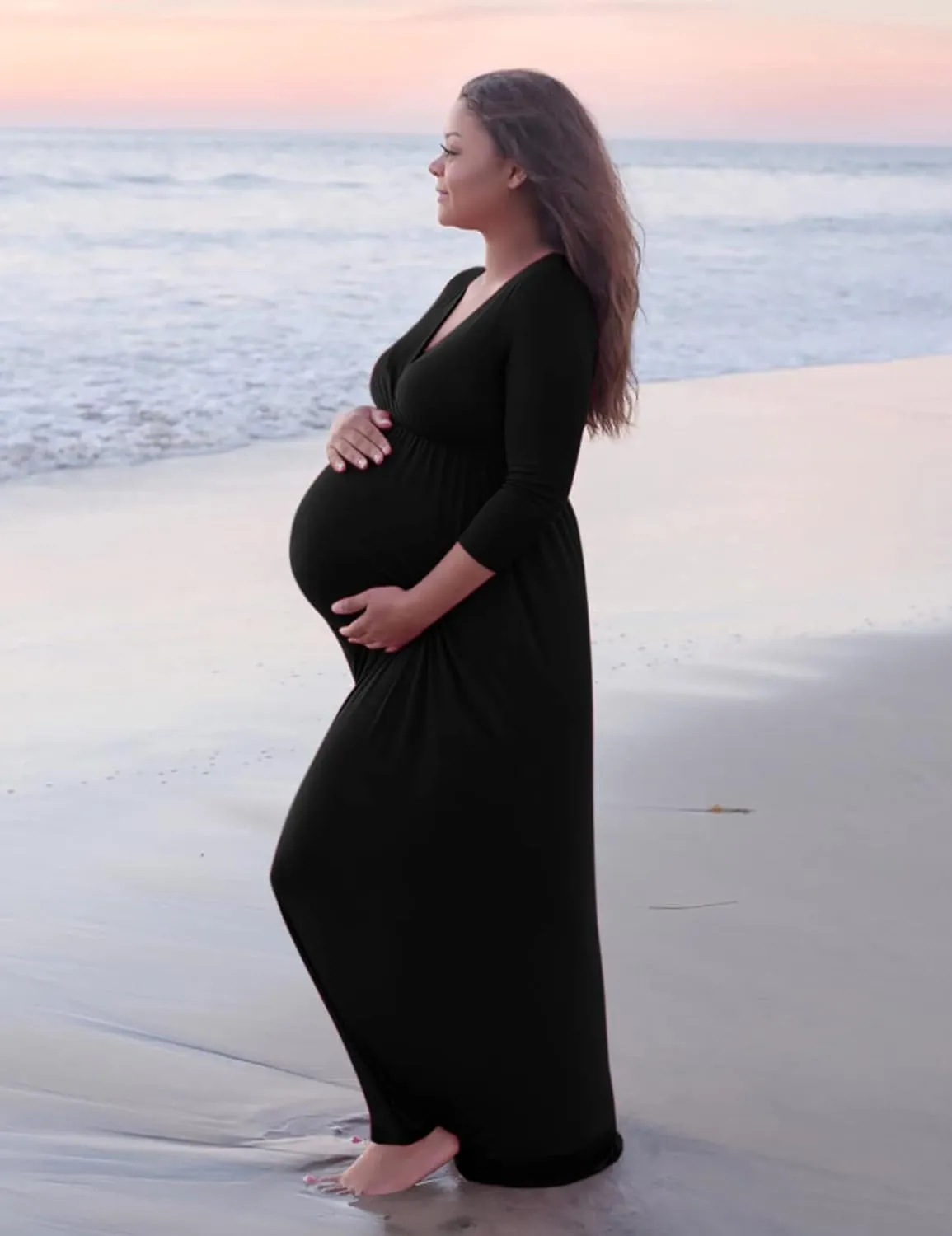 KIM S Maternity Maxi Dress with Flower Sash(S-3XL)/Wrapped Ruched V Neck Photoshoot Baby Shower Dresses