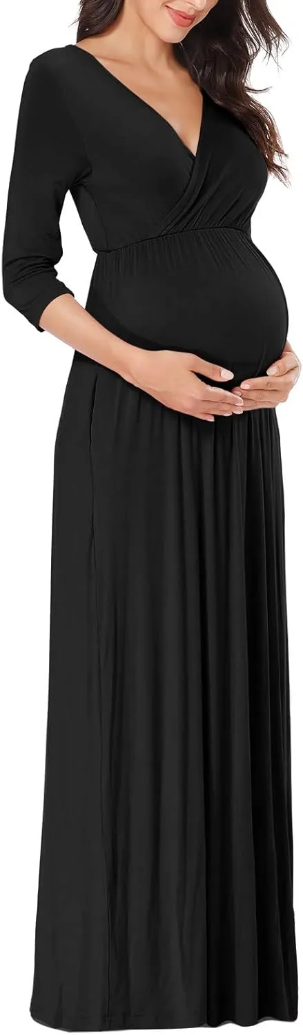 KIM S Maternity Maxi Dress with Flower Sash(S-3XL)/Wrapped Ruched V Neck Photoshoot Baby Shower Dresses