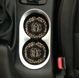 Leather Leopard Print Sandstone Car Coasters