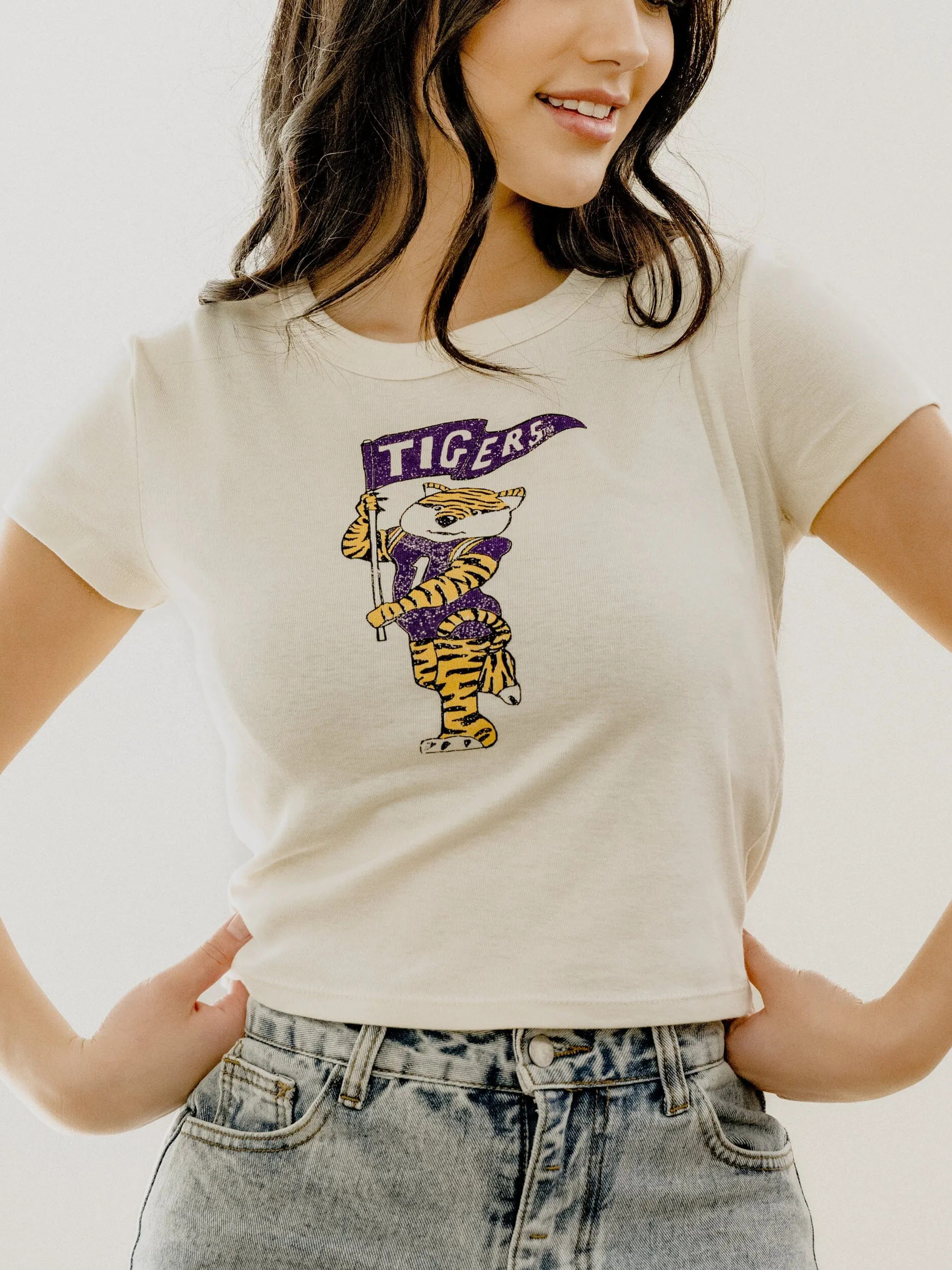 LSU Tigers Mascot Flag Off White Micro Cropped Tee