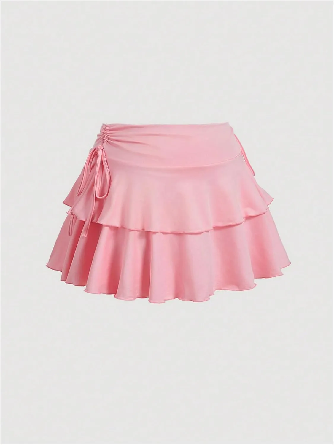 MakeMeChic Women's Plus Size Ruffle Tiered Short Skirt Drawstring Ruched A Line Flared Mini Skirts