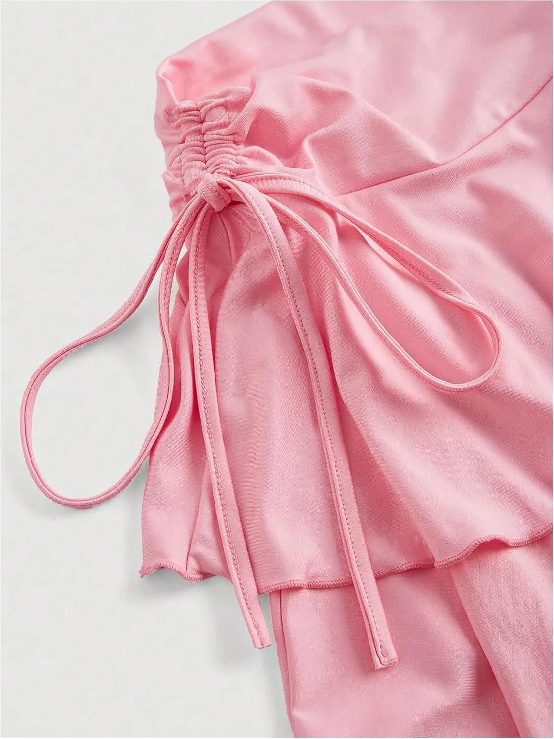 MakeMeChic Women's Plus Size Ruffle Tiered Short Skirt Drawstring Ruched A Line Flared Mini Skirts