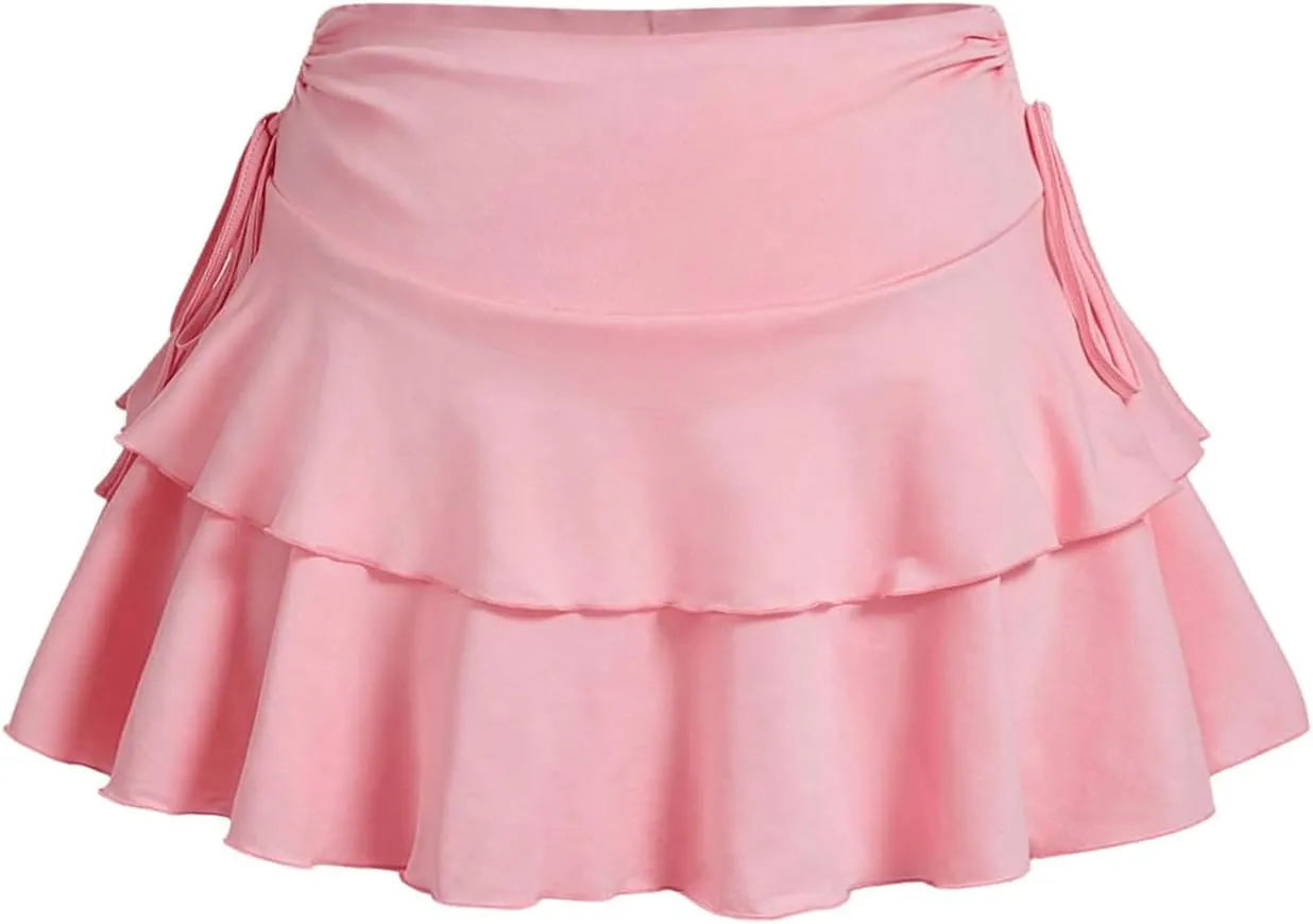 MakeMeChic Women's Plus Size Ruffle Tiered Short Skirt Drawstring Ruched A Line Flared Mini Skirts