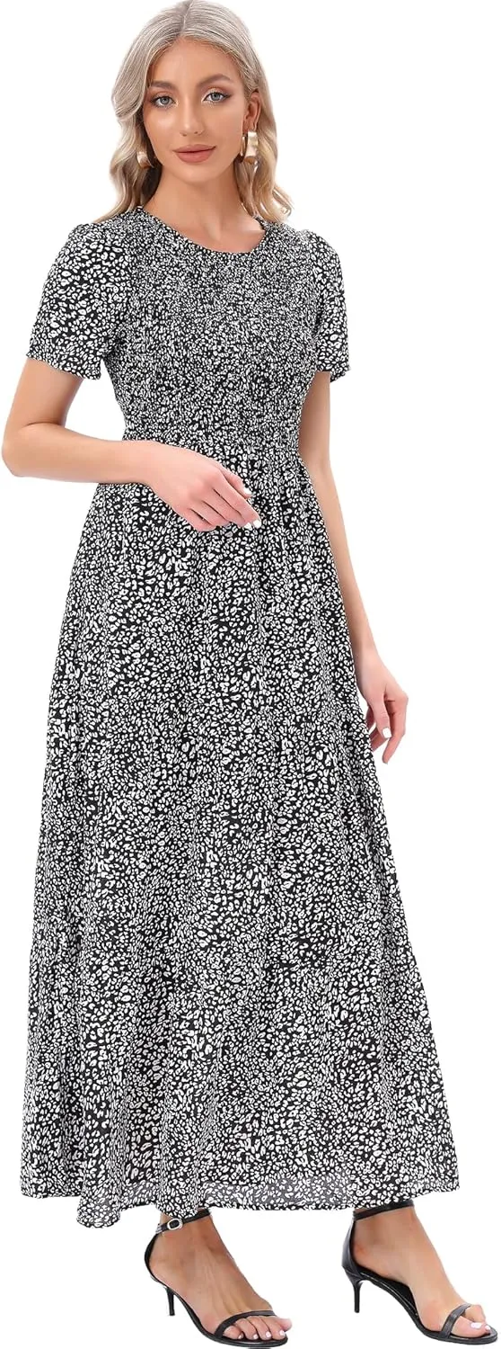MANAIXUAN Women's Summer Casual Floral Print Party Maxi Dresses Short Sleeve A Line Long Tiered Sun Dress