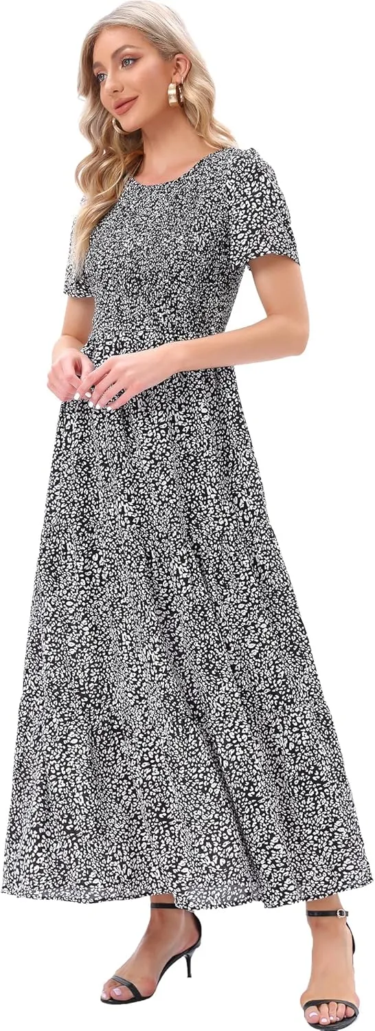 MANAIXUAN Women's Summer Casual Floral Print Party Maxi Dresses Short Sleeve A Line Long Tiered Sun Dress