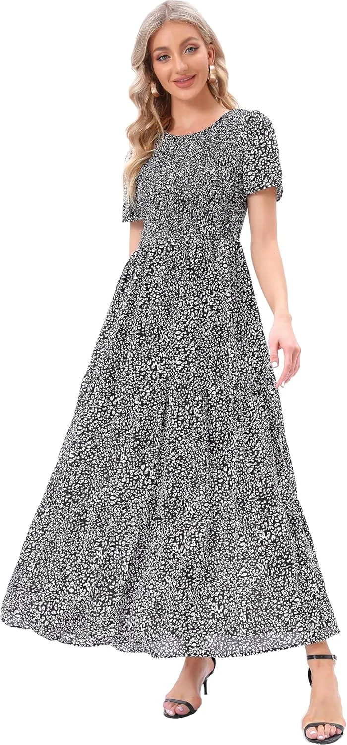 MANAIXUAN Women's Summer Casual Floral Print Party Maxi Dresses Short Sleeve A Line Long Tiered Sun Dress
