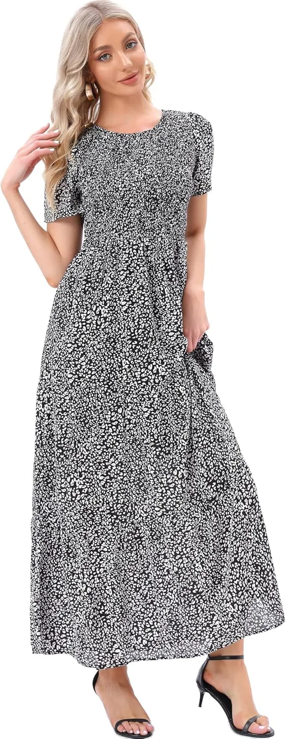 MANAIXUAN Women's Summer Casual Floral Print Party Maxi Dresses Short Sleeve A Line Long Tiered Sun Dress