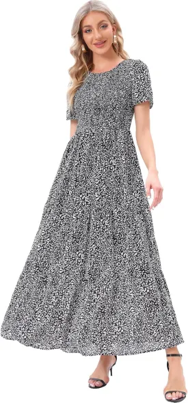 MANAIXUAN Women's Summer Casual Floral Print Party Maxi Dresses Short Sleeve A Line Long Tiered Sun Dress