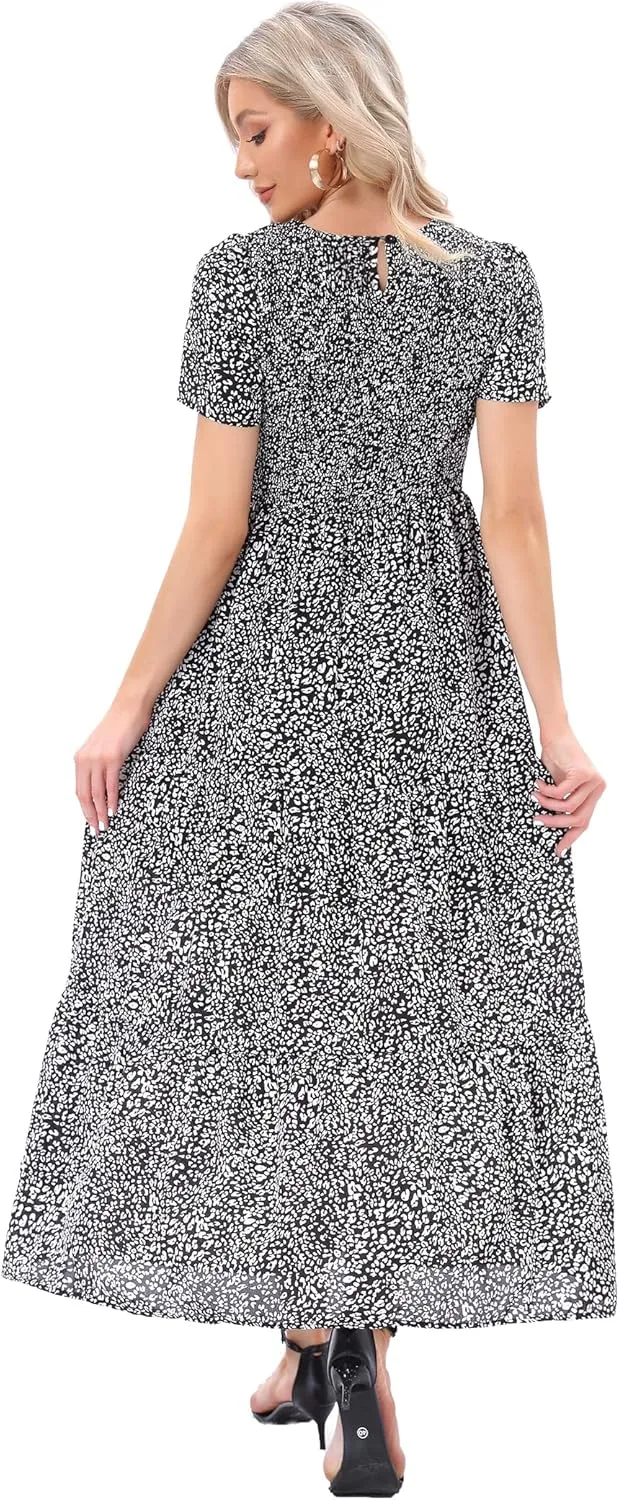 MANAIXUAN Women's Summer Casual Floral Print Party Maxi Dresses Short Sleeve A Line Long Tiered Sun Dress