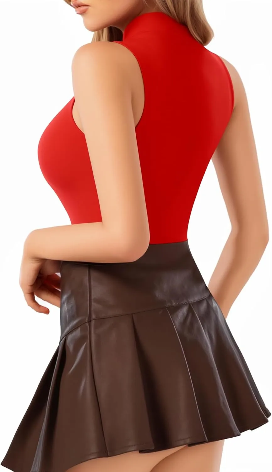 MANGOPOP Women's Mock Turtle Neck Sleeveless Tank Tops Bodysuit Leotard Clothing