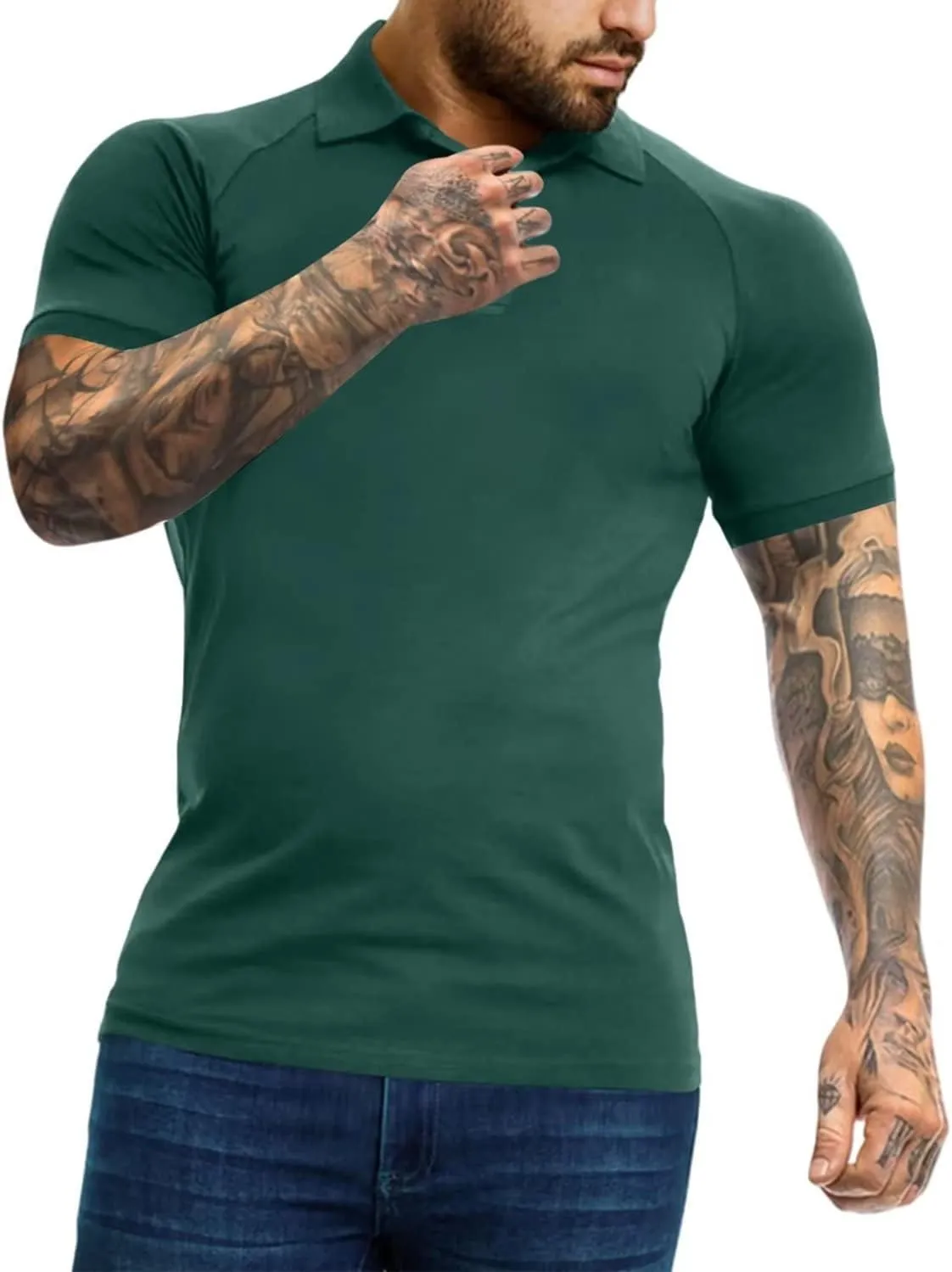 Men's Polo Shirts Short Sleeve Golf Shirts Casual Polo Muscle Athletic Fit Stretch Workout Collared Shirt