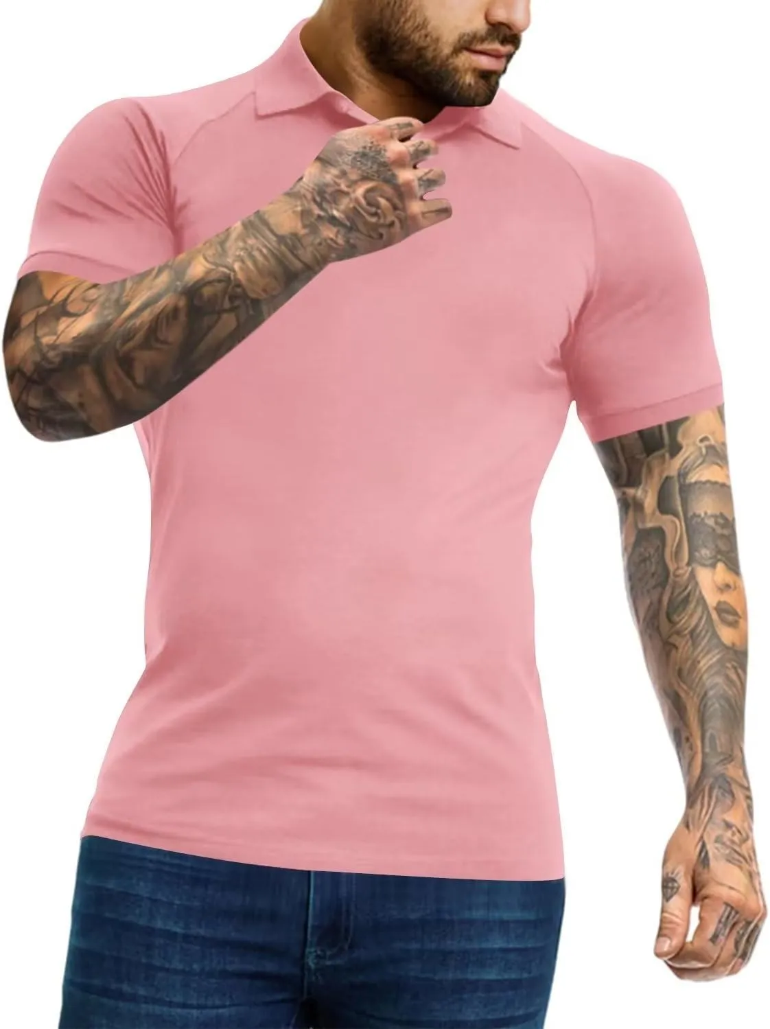 Men's Polo Shirts Short Sleeve Golf Shirts Casual Polo Muscle Athletic Fit Stretch Workout Collared Shirt