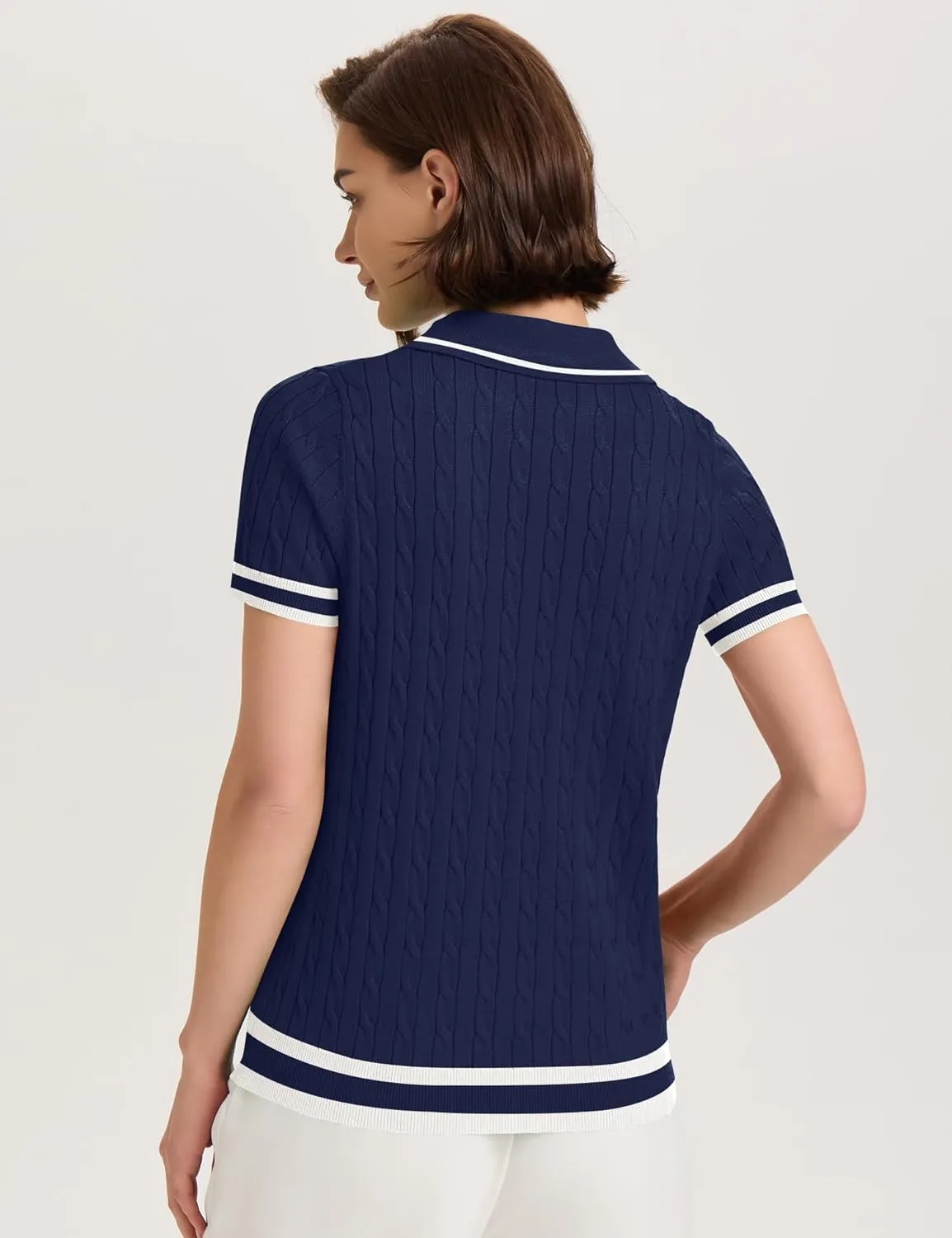 Micoson Womens Short Sleeve Sweater Tops Lapel V Neck Loose Shirts 2025 Summer Cable Knit Business Casual Outfits