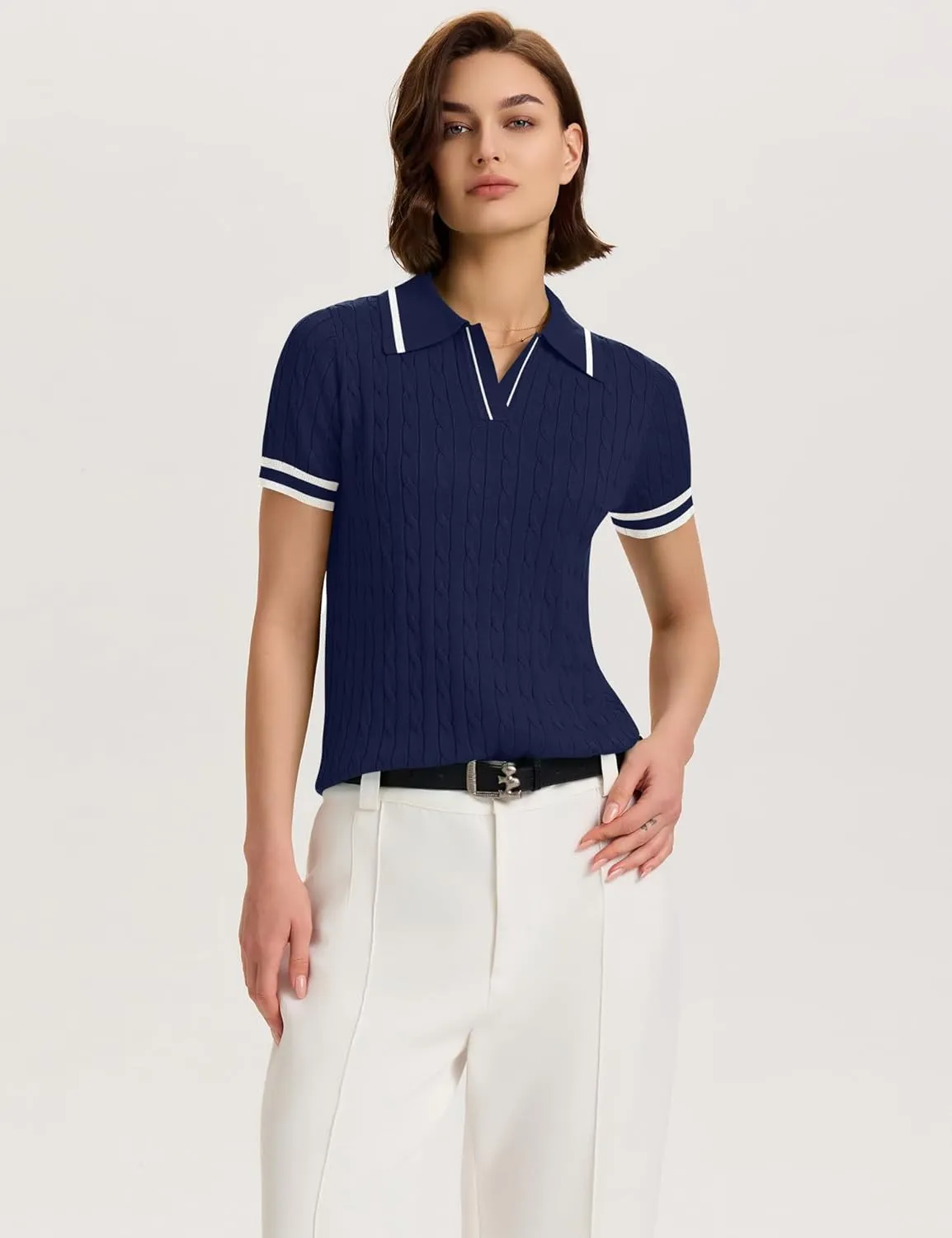 Micoson Womens Short Sleeve Sweater Tops Lapel V Neck Loose Shirts 2025 Summer Cable Knit Business Casual Outfits