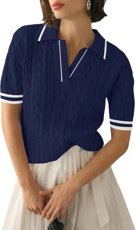 Micoson Womens Short Sleeve Sweater Tops Lapel V Neck Loose Shirts 2025 Summer Cable Knit Business Casual Outfits