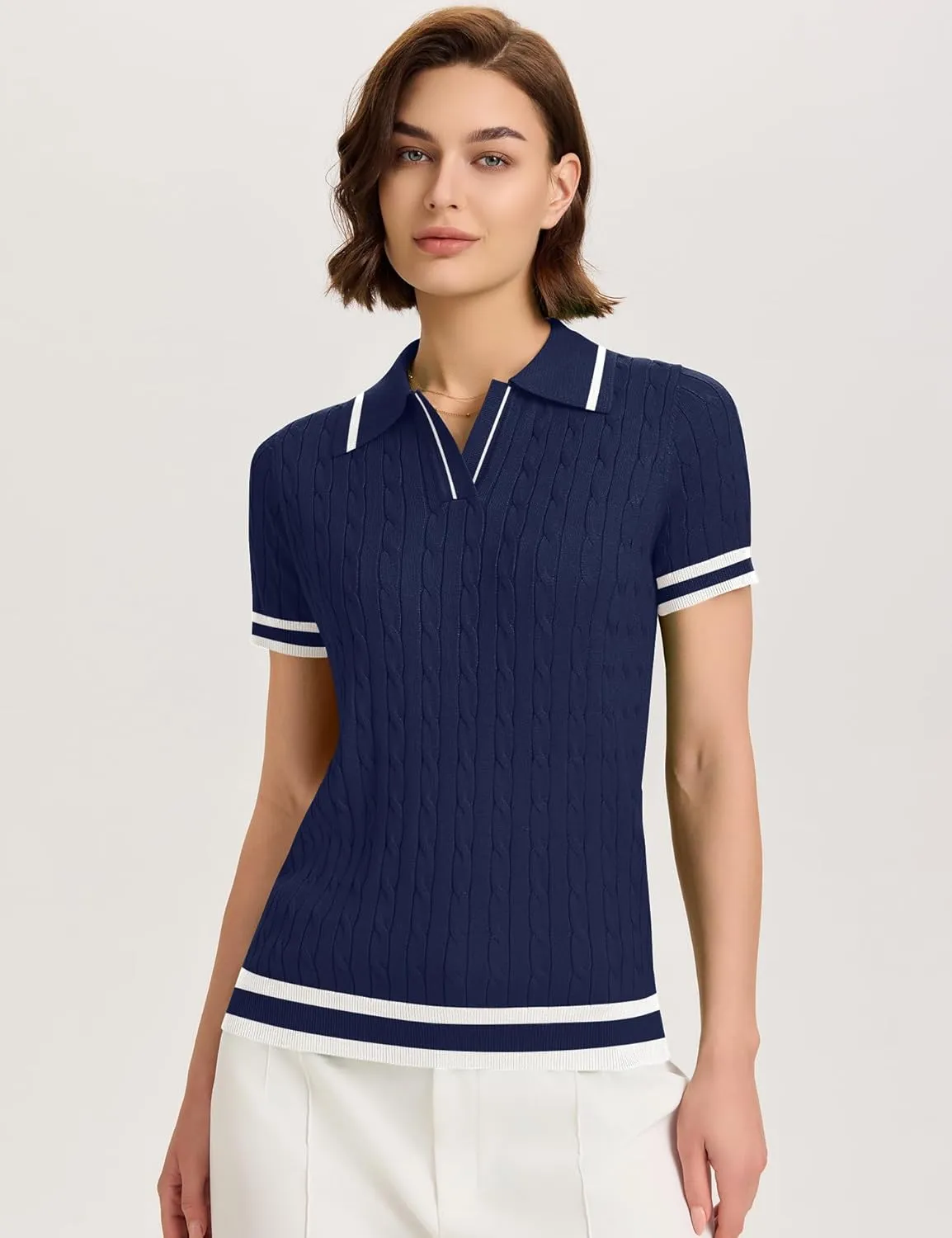 Micoson Womens Short Sleeve Sweater Tops Lapel V Neck Loose Shirts 2025 Summer Cable Knit Business Casual Outfits