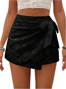 Milumia Women's Summer Wrap Tie Skirt Eyelet Knot Side Boho High Waist Skirts Shorts Skort