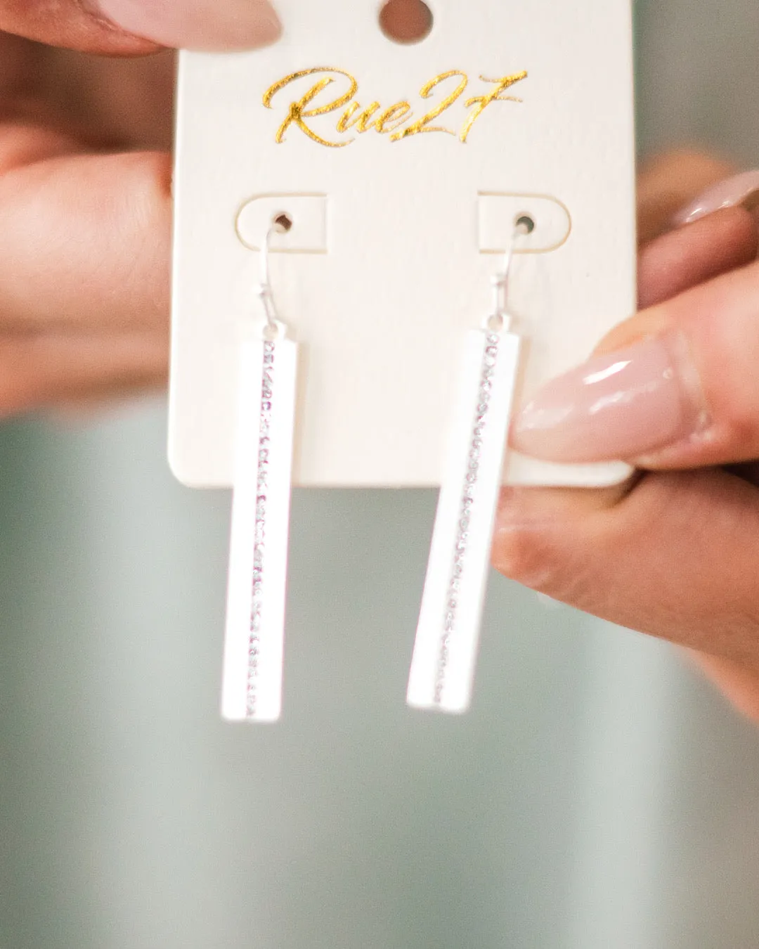 NEW! Rhinestone Studded Silver Bar Earrings
