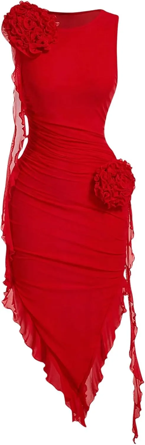 OYOANGLE Women's Bodycon Dress 3D Floral Ruched Round Neck Sleeveless Ruffle Hem Midi Dress