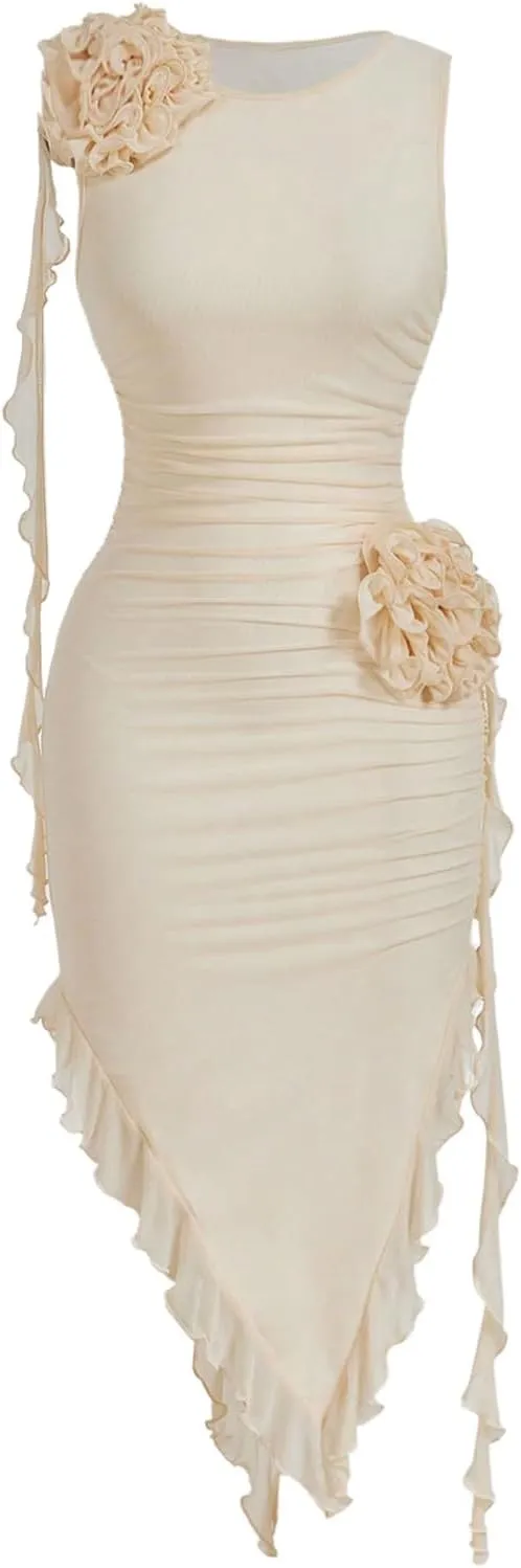 OYOANGLE Women's Bodycon Dress 3D Floral Ruched Round Neck Sleeveless Ruffle Hem Midi Dress