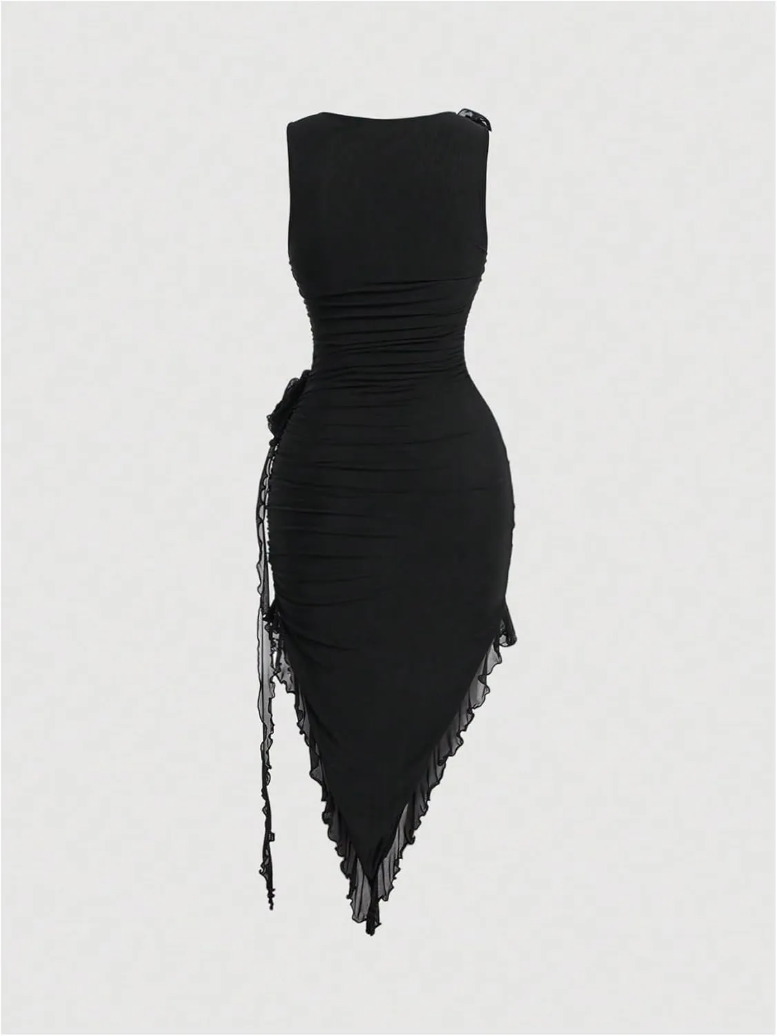 OYOANGLE Women's Bodycon Dress 3D Floral Ruched Round Neck Sleeveless Ruffle Hem Midi Dress